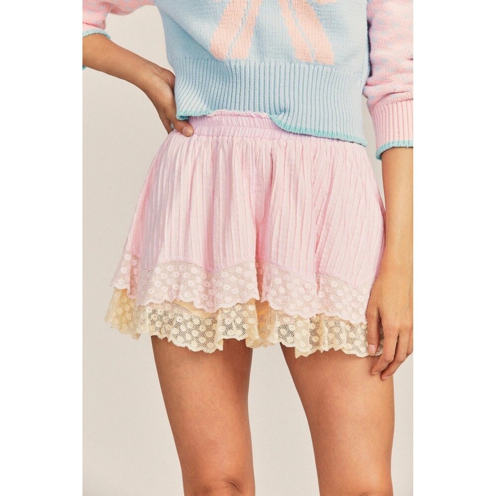 Loveshackfancy Pintuck Pull On Mini Skirt Lace Cotton Tiered Smocked S 287834